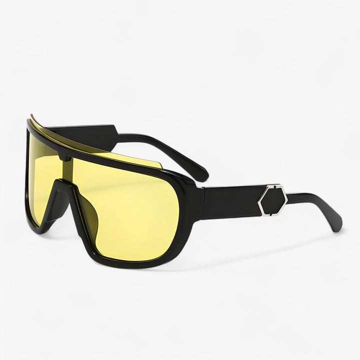 Unisex oversized monoblock wraparound shield sunglasses, blending futuristic style with essential UV400 eye protection.
