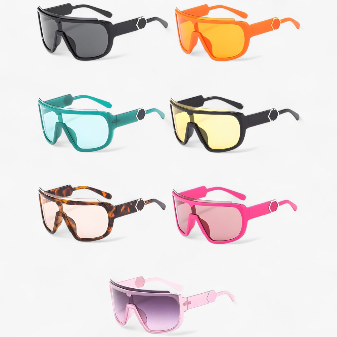 Close-up of sleek unisex oversized wraparound shield sunglasses, highlighting monoblock design & UV400 protection.