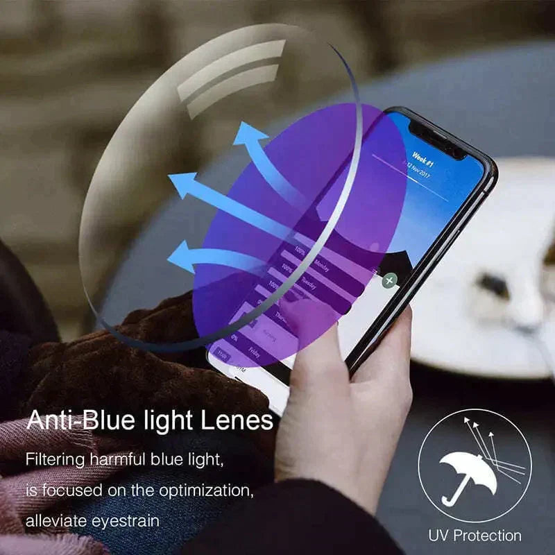 Multifocal progressive anti-blue light glasses, perfect for reading & outdoor sun protection.