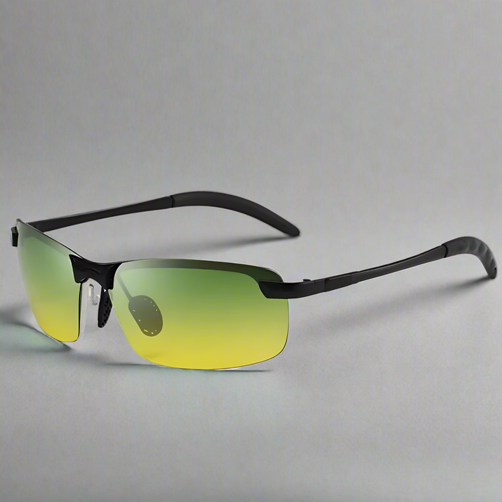 Close-up of stylish unisex photochromic polarized sports sunglasses. UV400 lenses provide ultimate eye protection.