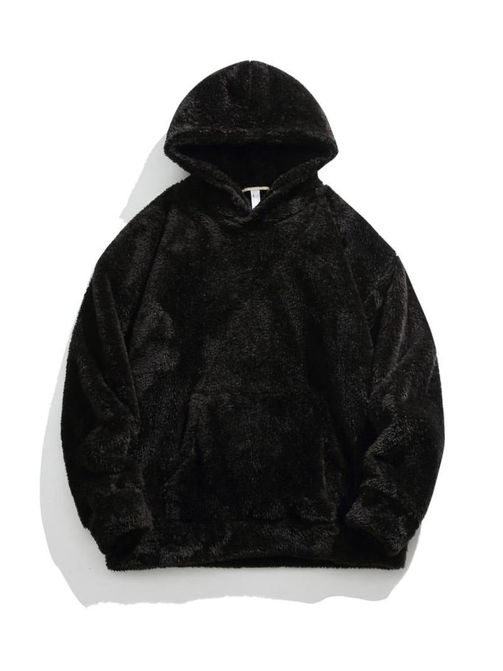 Unisex plush faux fur fleece hoodie in a neutral color, perfect for warm, soft, casual comfort.