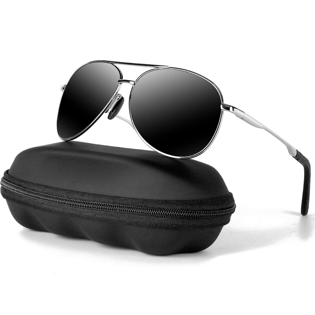 Aviator sunglasses with polarized UV400 lenses. Unisex metal frame eyewear, perfect for outdoor driving & fashion.