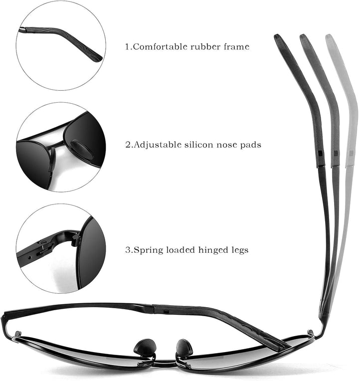 Elegant unisex polarized aviator sunglasses with UV protection, classic metal frame design.