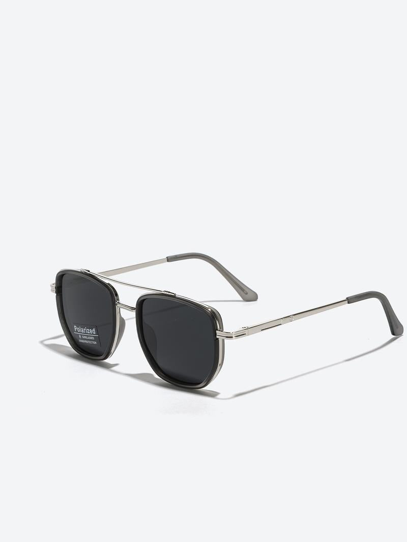 Unisex polarized sunglasses with sleek black metal frame, offering UV protection, perfect fashion accessory for summer