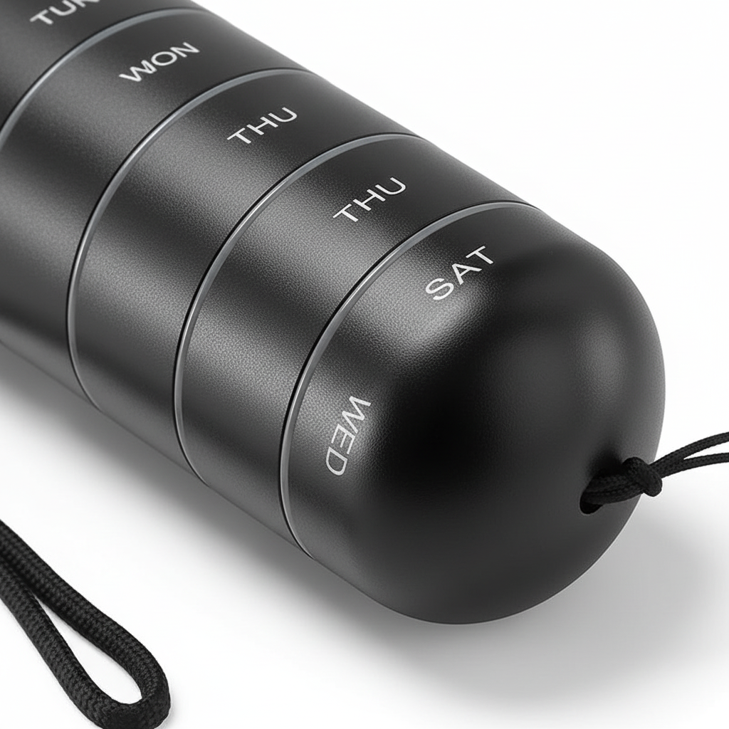 Unisex daily pill holder in durable aluminum. Perfect for discreet, organized medication on the go.