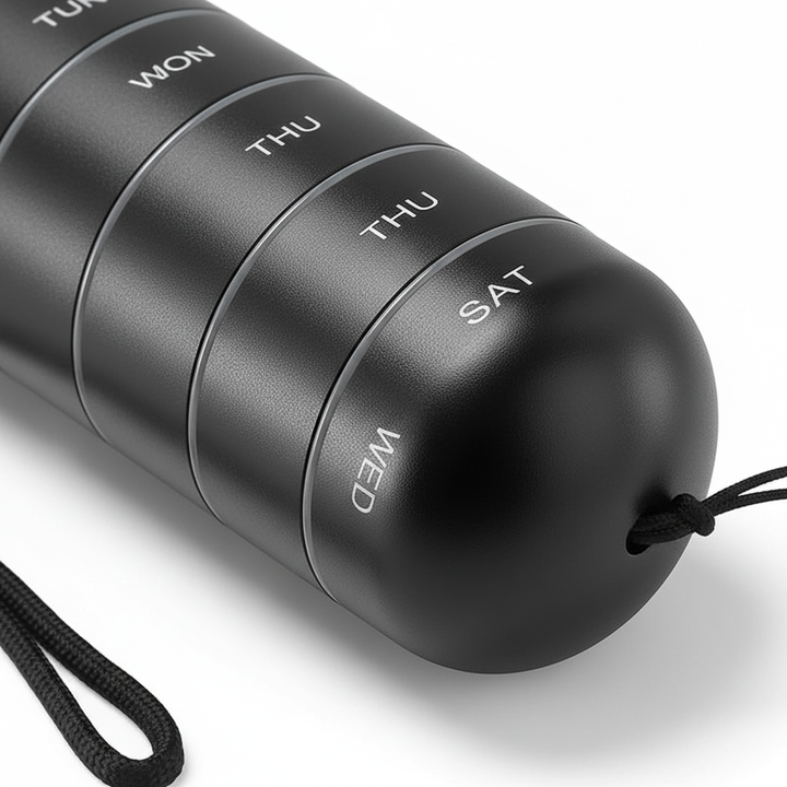 Unisex daily pill holder in durable aluminum. Perfect for discreet, organized medication on the go.