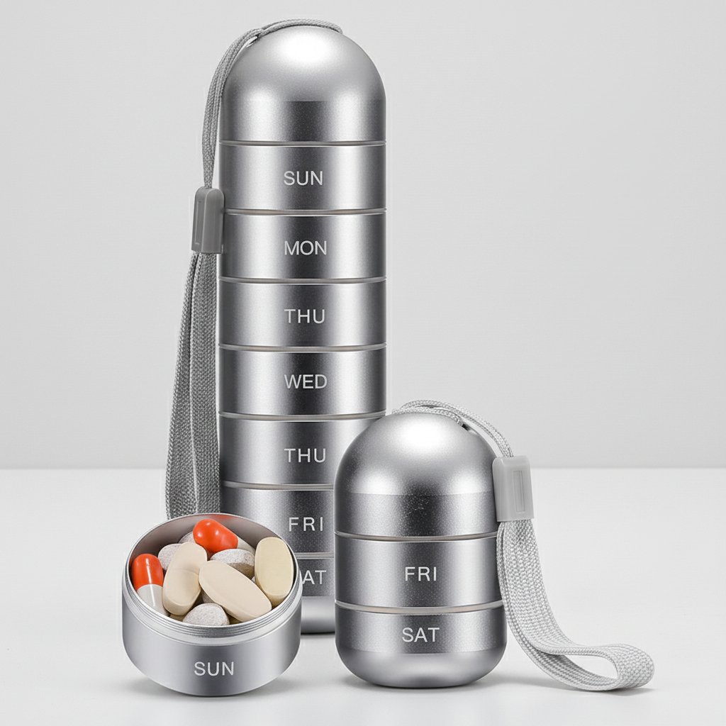 Waterproof aluminum pill container. A reliable health accessory for storing daily medication on trips.