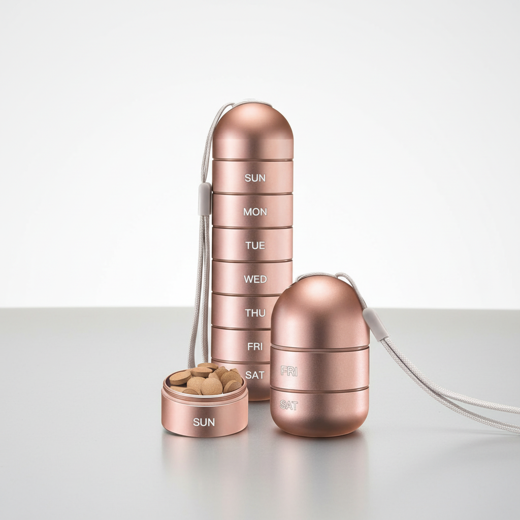 PillTower: Portable aluminum medication organizer. A versatile pill box for men & women's daily health.