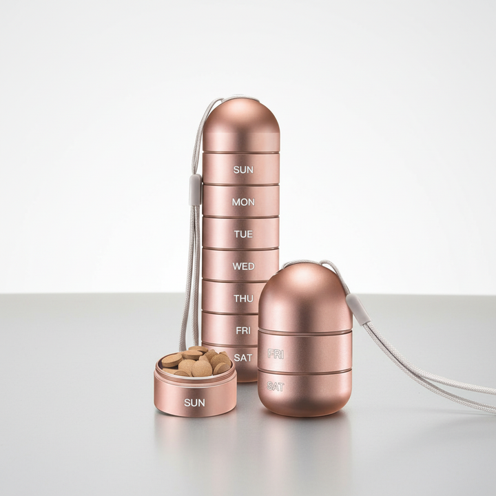 PillTower: Portable aluminum medication organizer. A versatile pill box for men & women's daily health.