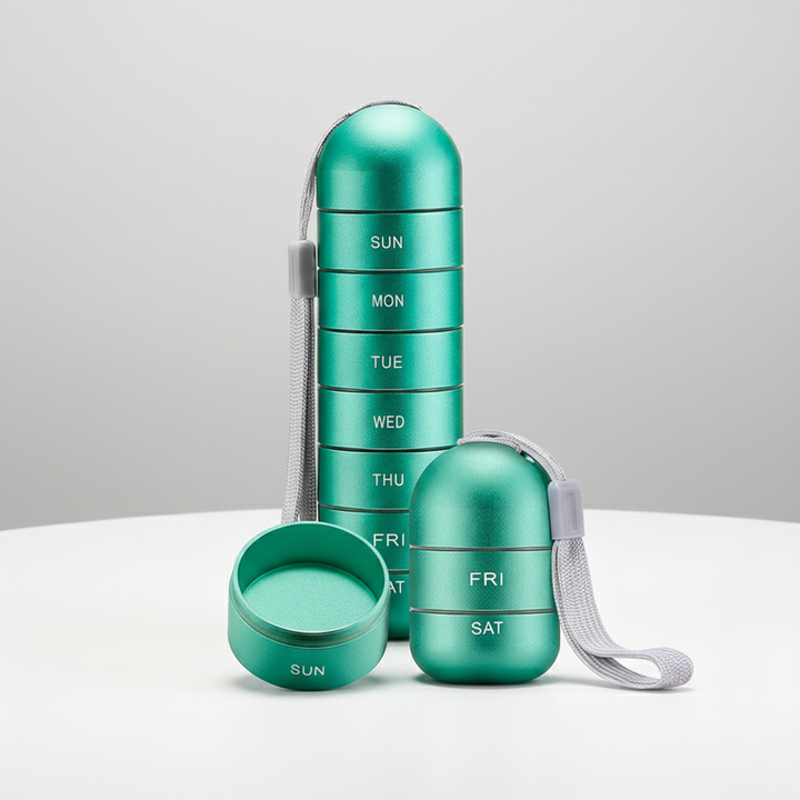 Compact aluminum travel medicine case. Secure storage for daily medication, vitamins & small essentials.