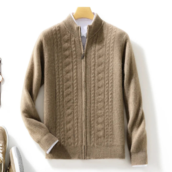 Unisex premium beige cashmere cable knit zip cardigan, front view, luxury warm layering sweater.