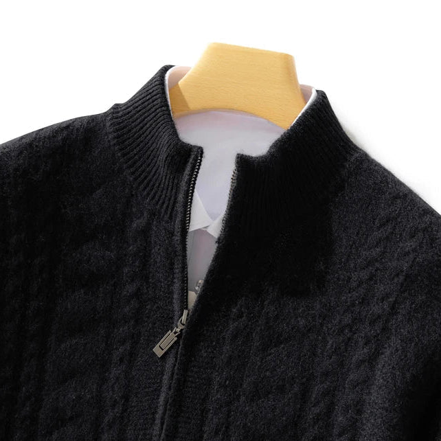 Back view of a comfortable unisex premium cashmere cable knit zip cardigan, a warm sweater.