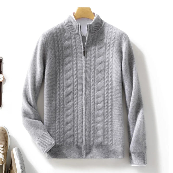 Unisex model wearing a premium cashmere cable knit zip cardigan, demonstrating its cozy fit.