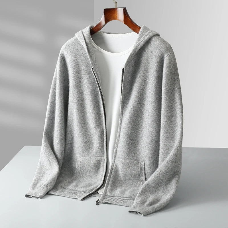 Model enjoying comfort in the premium cashmere full-zip hoodie, ideal for casual wear