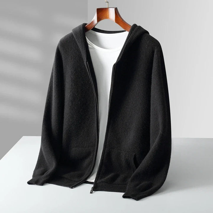 Close-up of the hood and drawstring on the unisex cashmere hoodie, featuring winter fashion