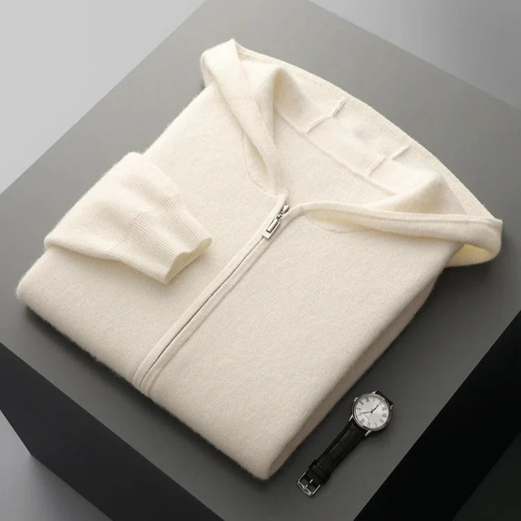 Cashmere zip up hoodie laid flat, displaying the breathable jacket material and construction