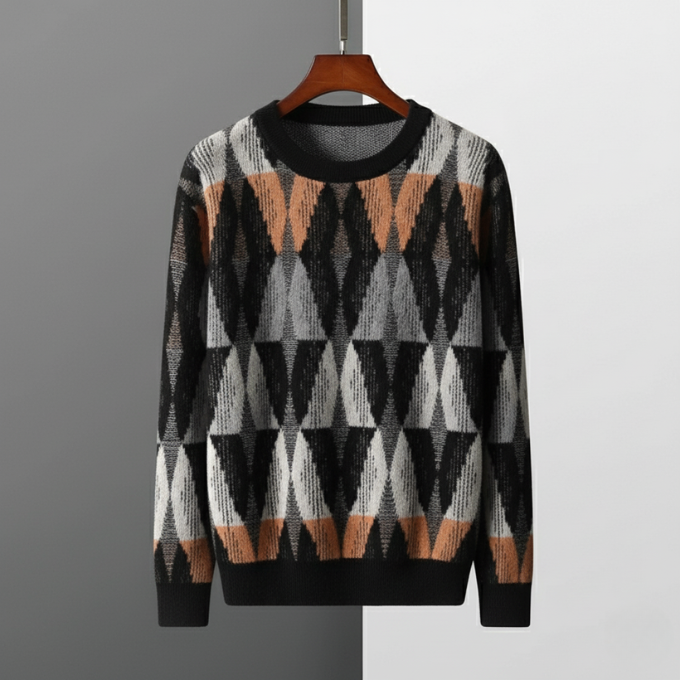 Unisex cashmere sweater in a striking geometric design, offering warmth and comfort for cold days