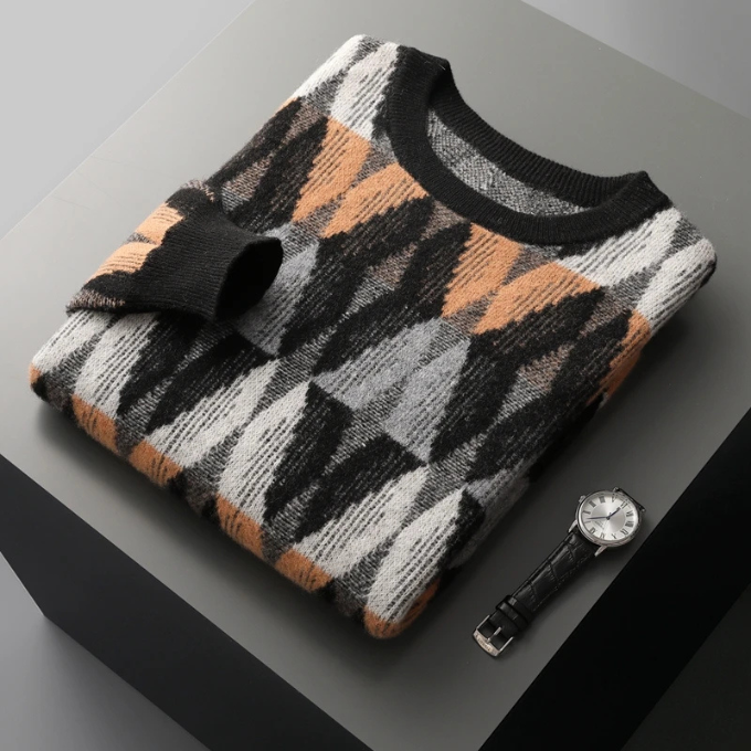Cozy and warm geometric cashmere sweater, a versatile piece of premium knitwear for any wardrobe