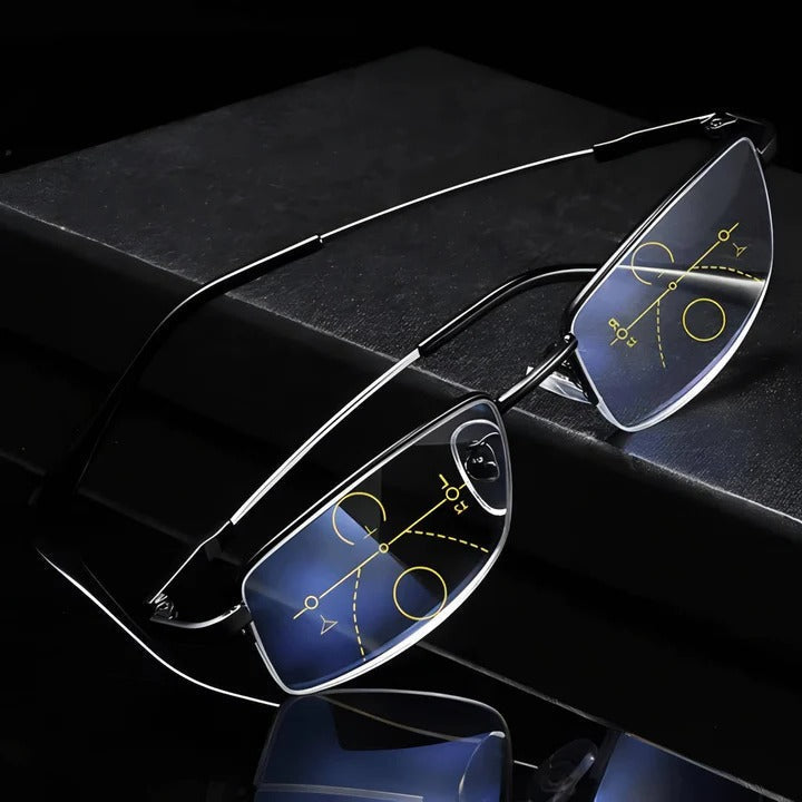 Unisex progressive reading glasses with blue light & UV protection for digital eye comfort.