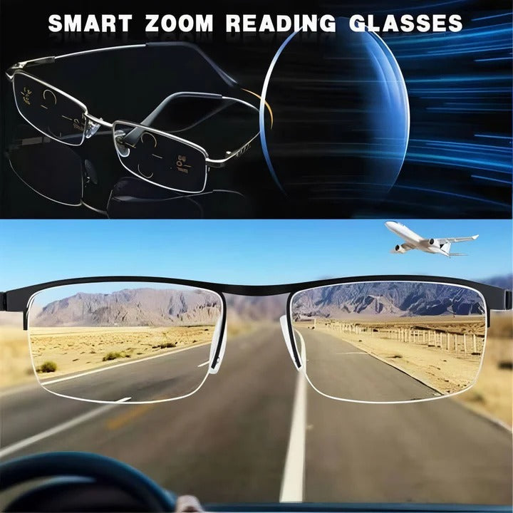 Multifocal progressive reading glasses, anti-glare, with blue light & UV eye protection.
