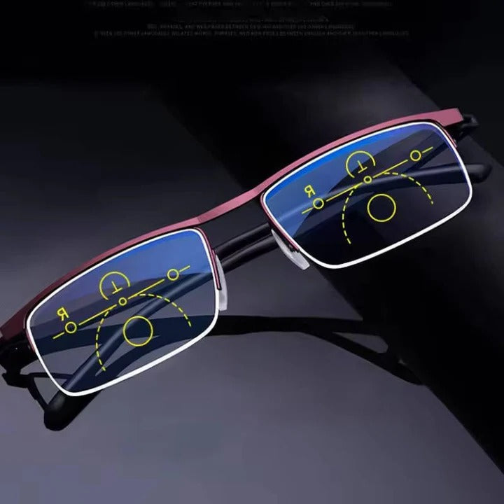 Multifocal progressive glasses, anti-glare, with blue light & UV protection, unisex design.