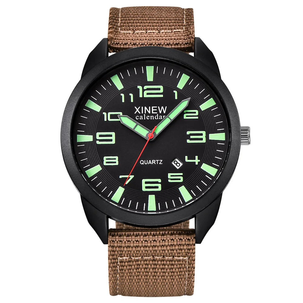 Everyday unisex quartz watch, luminous dial for low light, calendar display, and comfortable metal band.