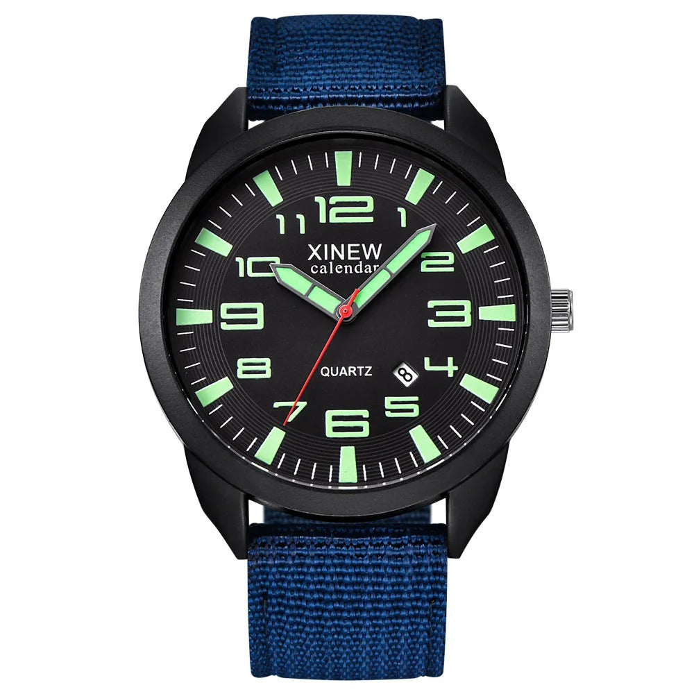Elegant unisex quartz watch, features a luminous dial, calendar function, and a polished metal bracelet.