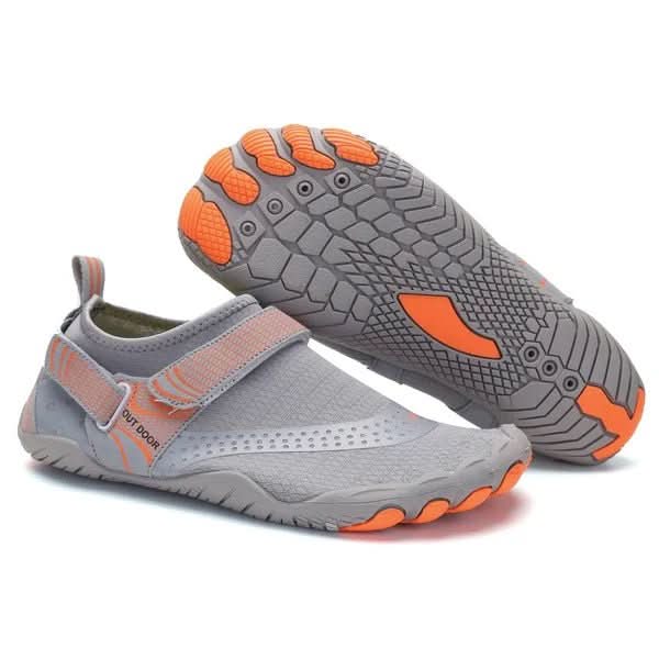 Stylish grey unisex quick-dry water shoes, versatile for beach, pool, and summer outdoor activities.