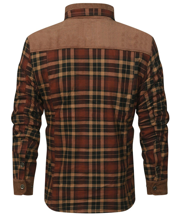 Plaid insulated flannel jacket for unisex, displayed in a vibrant, casual setting