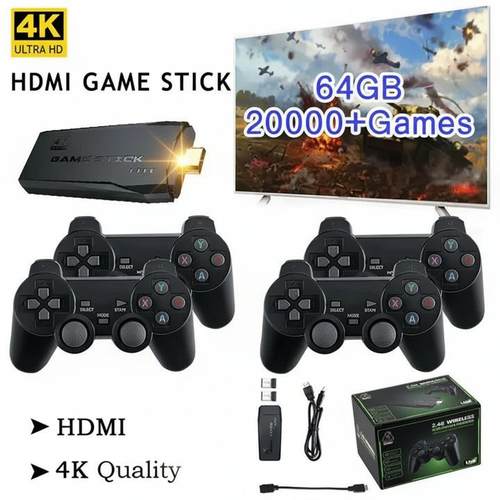 Unisex retro video game console, HDMI & wireless controllers for multiplayer classic gaming on TV.