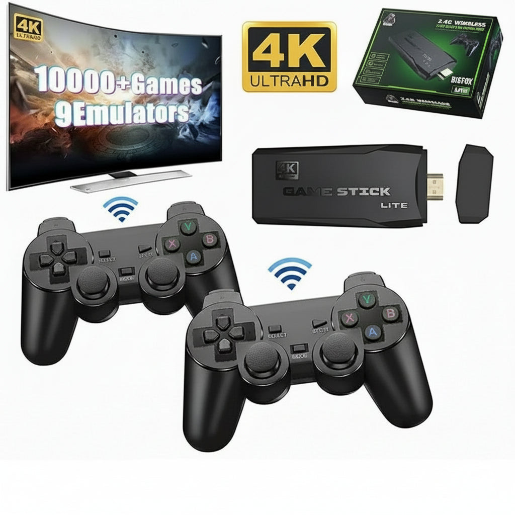 Compact retro TV game console with HDMI. Play classic video games using wireless controllers.