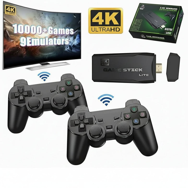 Compact retro TV game console with HDMI. Play classic video games using wireless controllers.