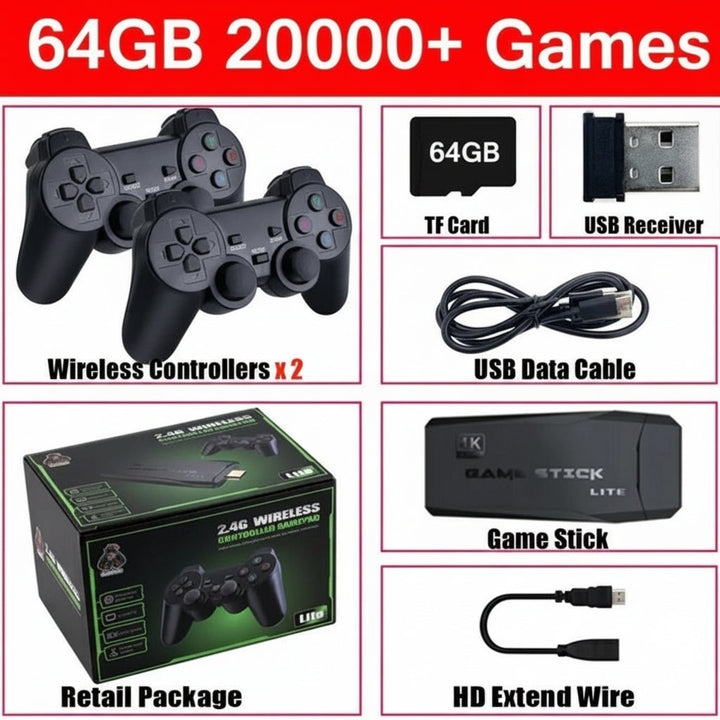 Unisex retro game console bundle: HDMI, 64GB, wireless controllers for classic multiplayer TV gaming.