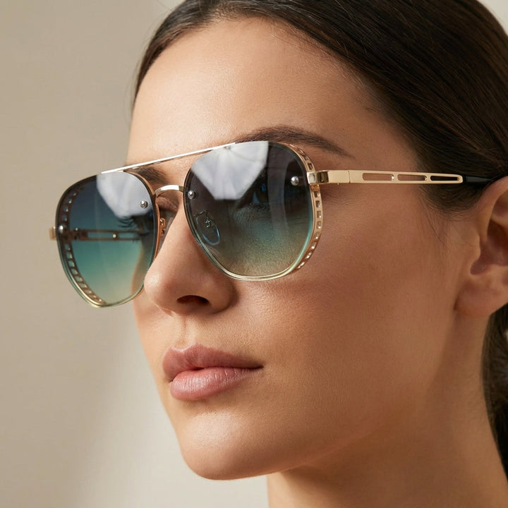 Model wearing unisex retro oval sunglasses, demonstrating a stylish fashion accessory.
