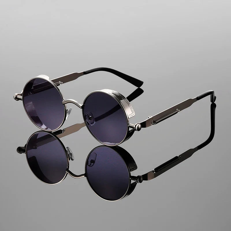 Retro round UV400 sunglasses, gold frames, ideal for unisex fashion and an essential festival eyewear piece.