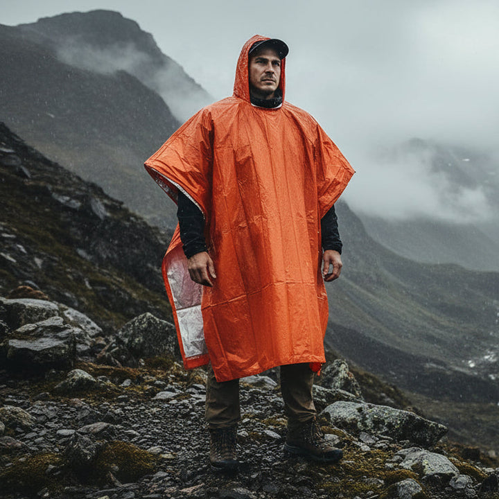 Compact, lightweight unisex reusable rain poncho, ideal for hiking, camping, travel, and outdoor weather protection.
