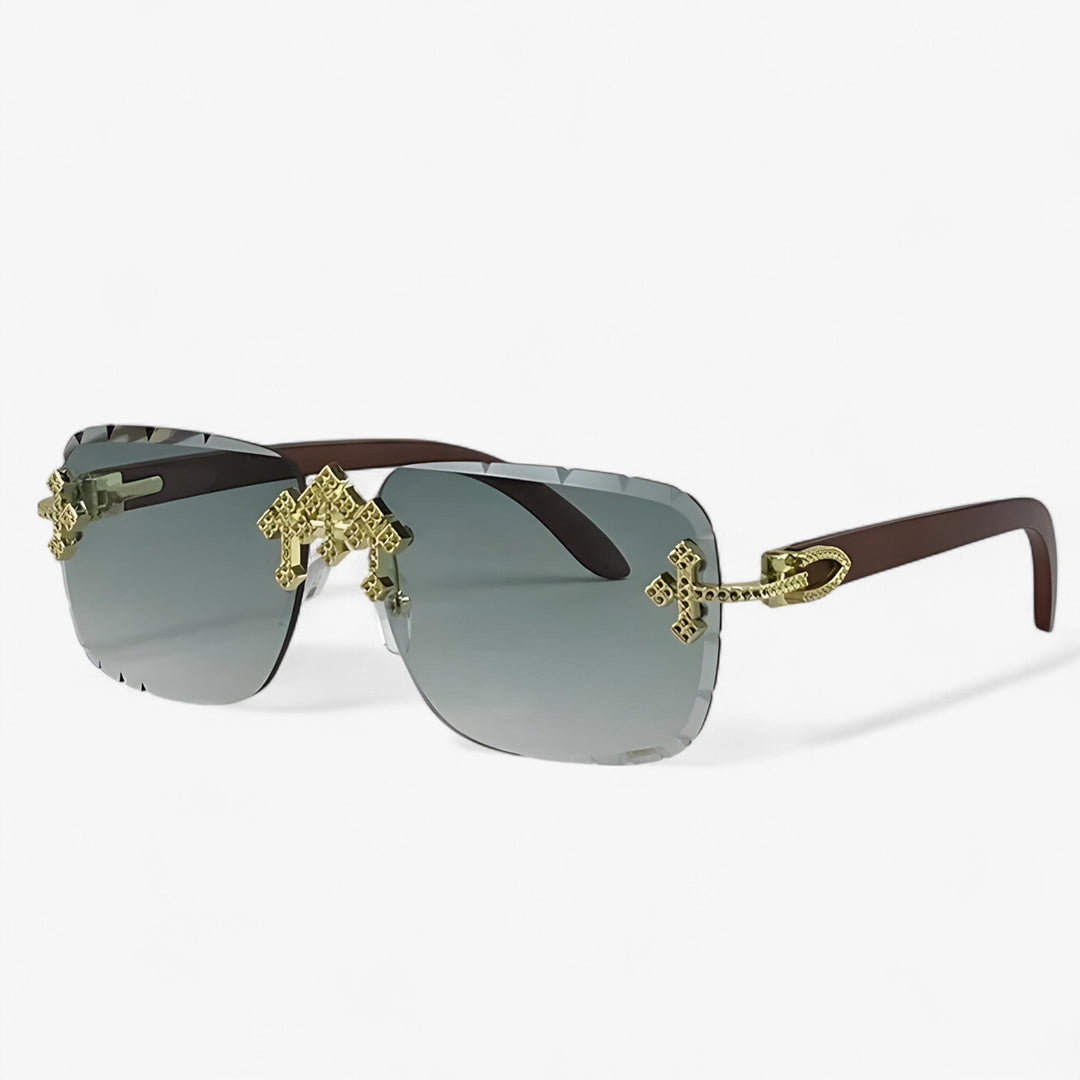 Unisex rimless steampunk sunglasses with intricate metal accents, perfect for a futuristic or vintage look.