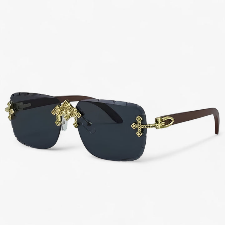 Futuristic unisex rimless steampunk sunglasses with decorative metal frame details & dark lenses.