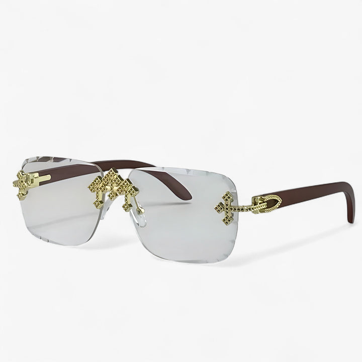 Festival-ready rimless steampunk sunglasses, unisex design with unique metal accents and vintage vibes.