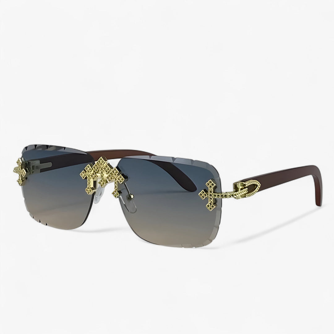 Lightweight unisex rimless steampunk sunglasses, intricate metal frame & comfortable fit for all-day wear.