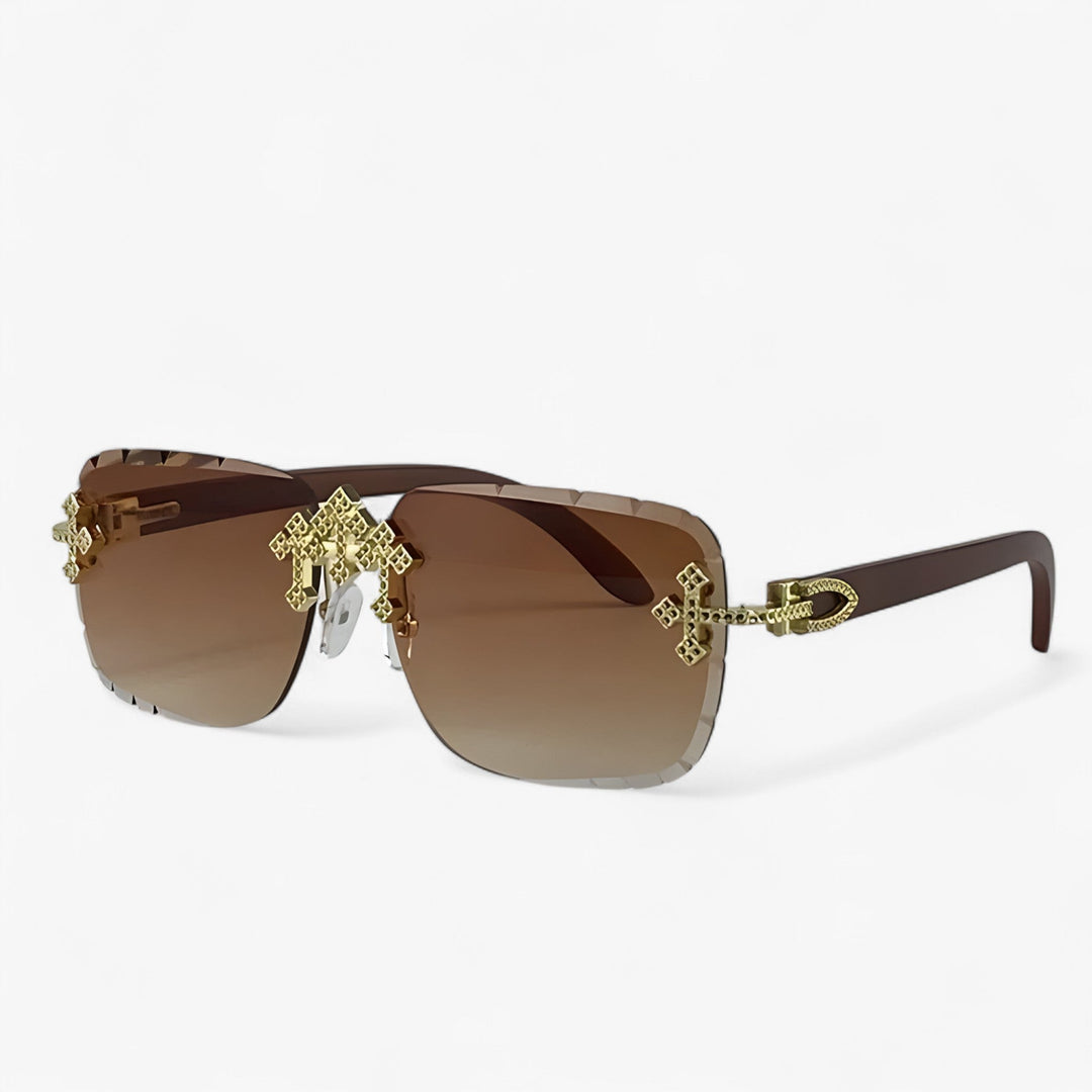 Close-up of rimless steampunk sunglasses showing detailed metal accents and UV400 protected lenses.