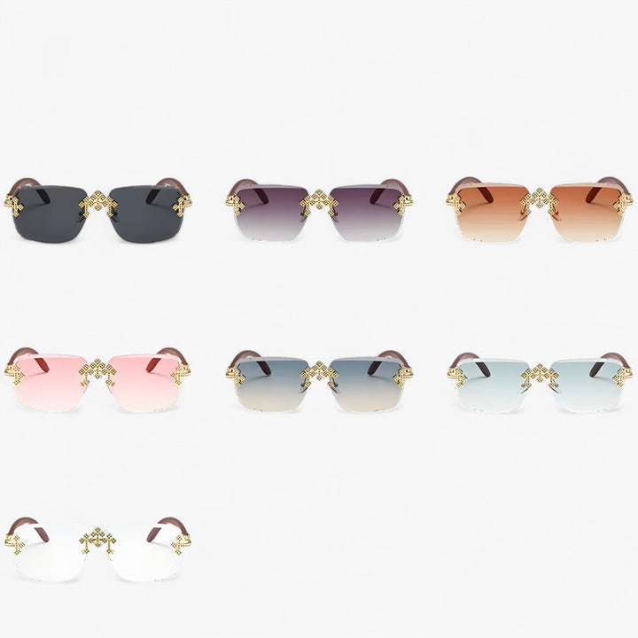 Unisex rimless steampunk sunglasses with intricate metal frame, UV400 protection, trendy & vintage-inspired.