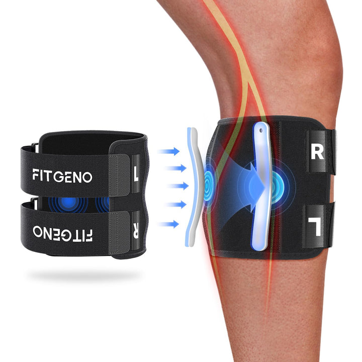 Unisex sciatica relief knee brace with dual silicone pads, snug fit, adjustable straps, visible steel support bars, latex-fre