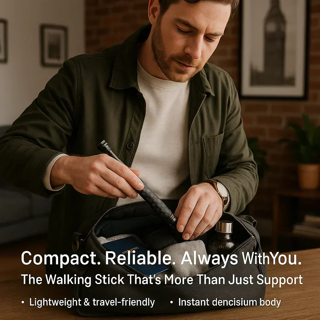Compact & portable self-defense walking stick for travel, offering mobility support & personal safety.