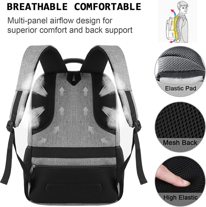 Minimalist anti-theft laptop backpack, slim, unisex, great for daily commute & charging devices.