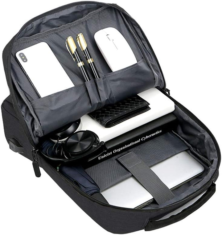 Commuter laptop backpack, unisex, waterproof, slim, with USB charging for tech-savvy travelers.