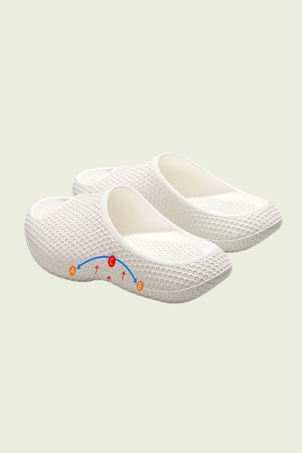 Cushioned unisex slip-on slippers providing arch support & foot pain relief. Soft indoor comfort footwear.