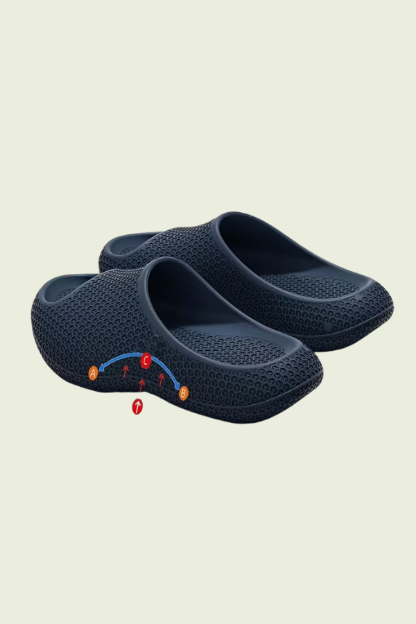 Comfortable unisex slip-on slippers offering excellent arch support. Cushioned indoor footwear for daily relief.