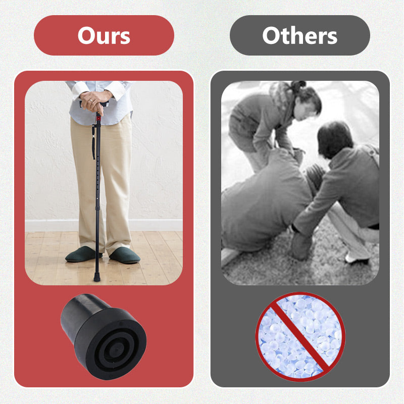 Adjustable smart walking stick with emergency alarm, LED flashlight, and integrated FM radio for senior support.