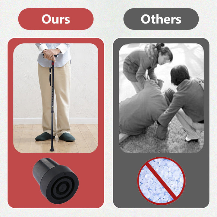 Adjustable smart walking stick with emergency alarm, LED flashlight, and integrated FM radio for senior support.